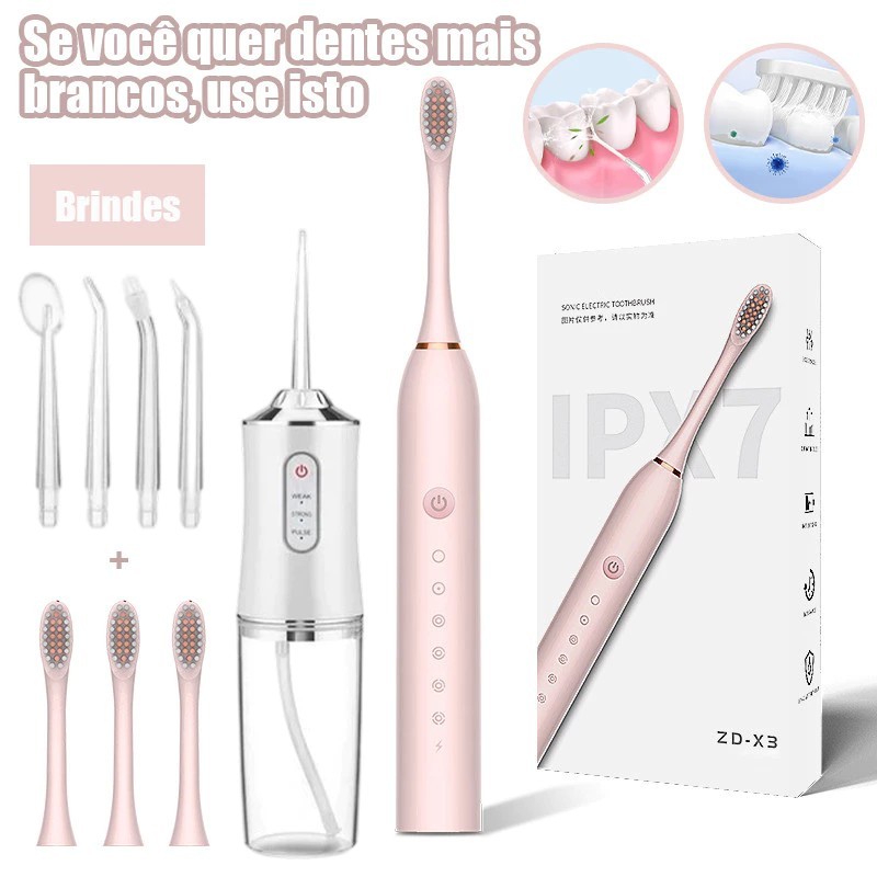 Combo Escova Elétrica e Irrigador Oral Recarregável | Kit Higiene Bucal Completo | Presente Ideal