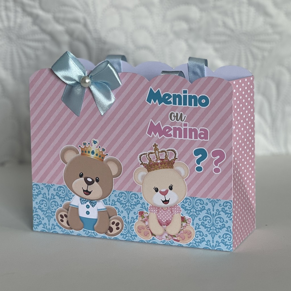 Sacolinha Personalizadas chá revelação, azul e rosa ursinho urso menino menina para Festa Infantil