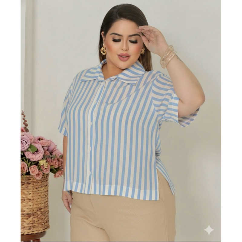 Blusa Feminina Listrada Manga Curta Plus Size em Oferta na Shopee