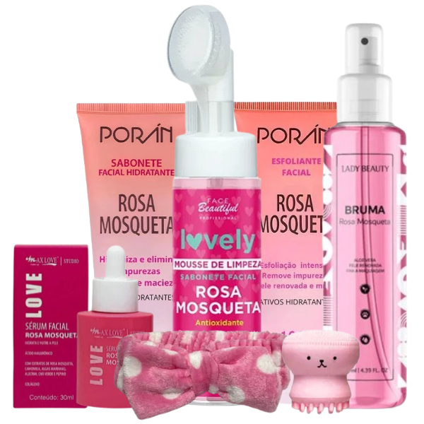 Kit skin care limpeza de pele rosa mosqueta faixa completo 7 Itens