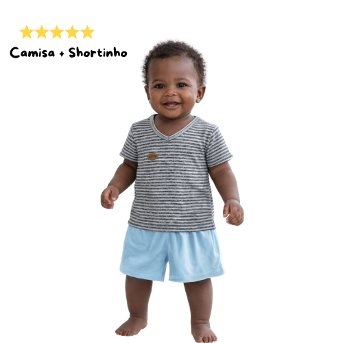 Conjunto Bebê Menino Camiseta Listrada + Short Algodão Confortável 0 a 12 Meses