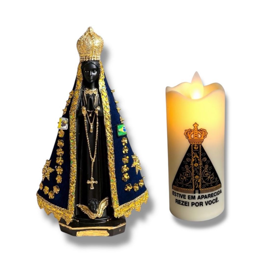 Imagem Gesso Nossa Senhora Aparecida Manto Bordado 20cm + Vela Led NS Aparecida