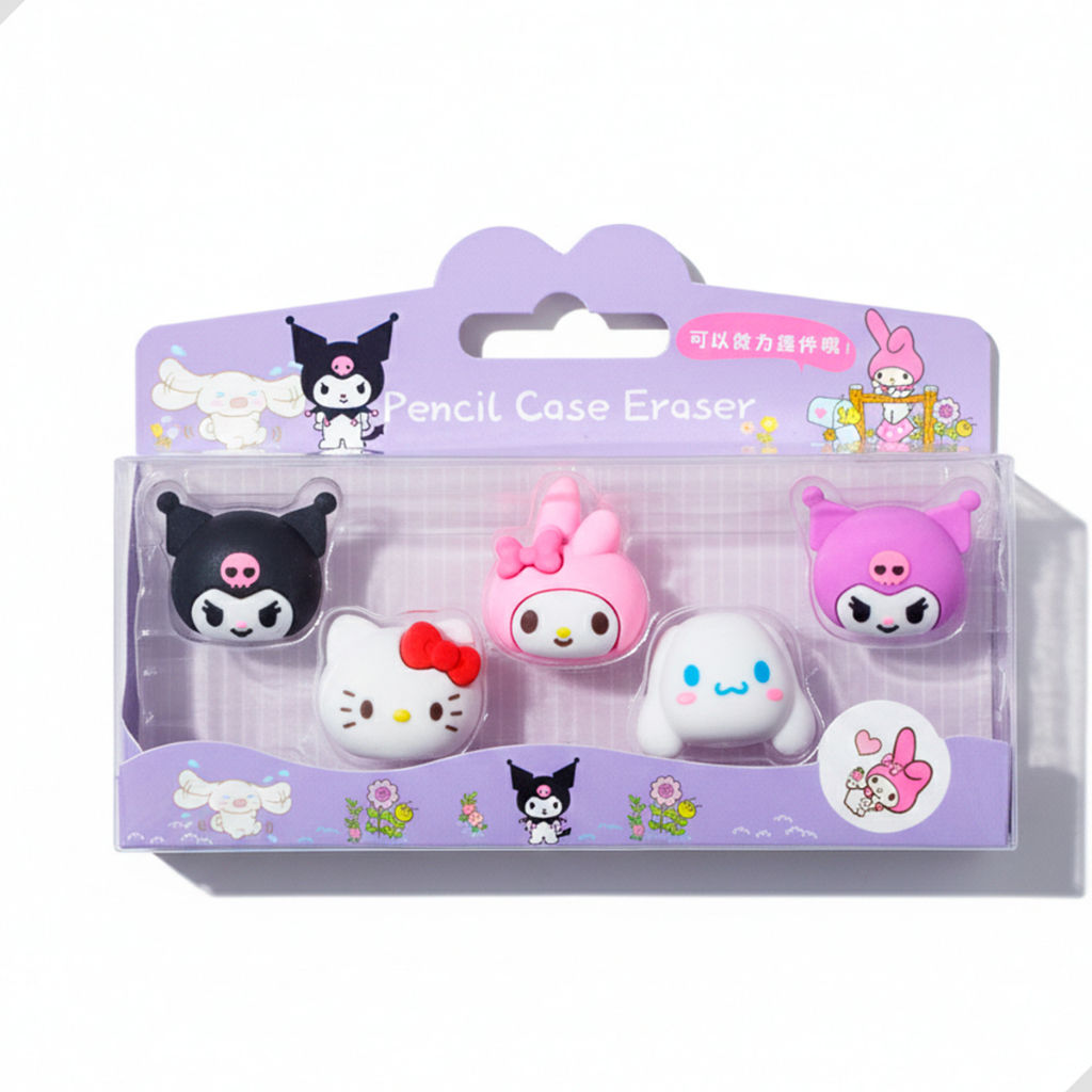 Kit 5 Borrachinhas Turma da Hello Kitty Sanrio Topo de Lápis Borracha Macia Ponteira Escolar