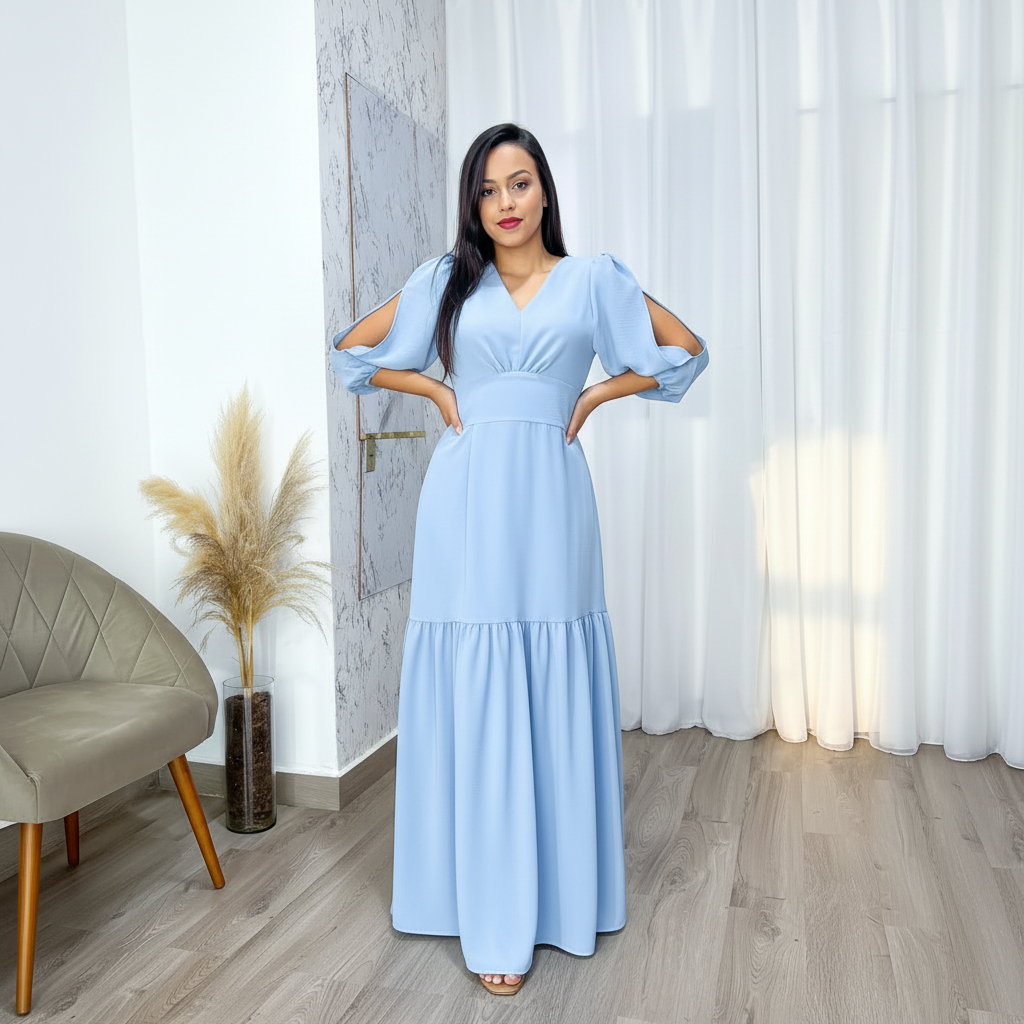 Vestido Plus Size Gola V Fenda Manga Bufante Chic Oferta