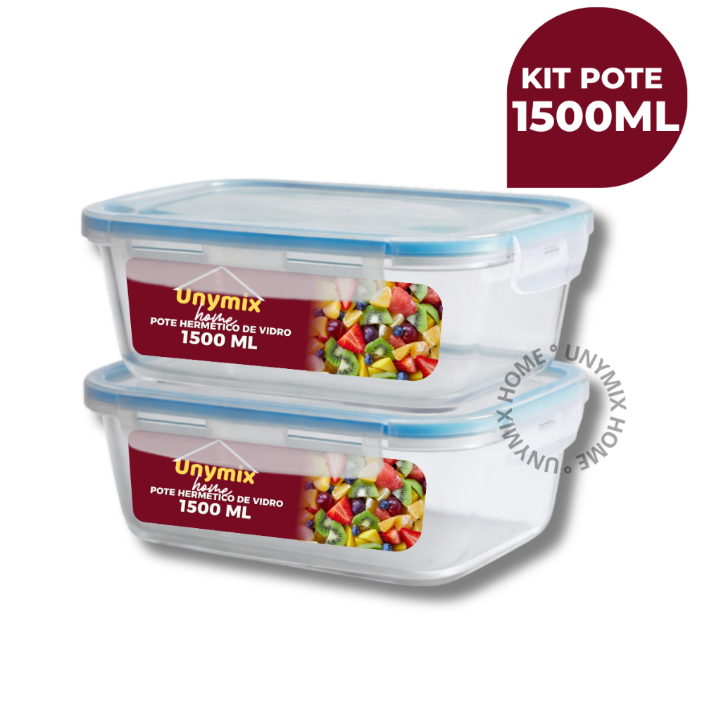 Kit 2 ou 5 Potes Vidro Herméticos 1500ml Retangular Hermético 4 Travas Marmita Premium