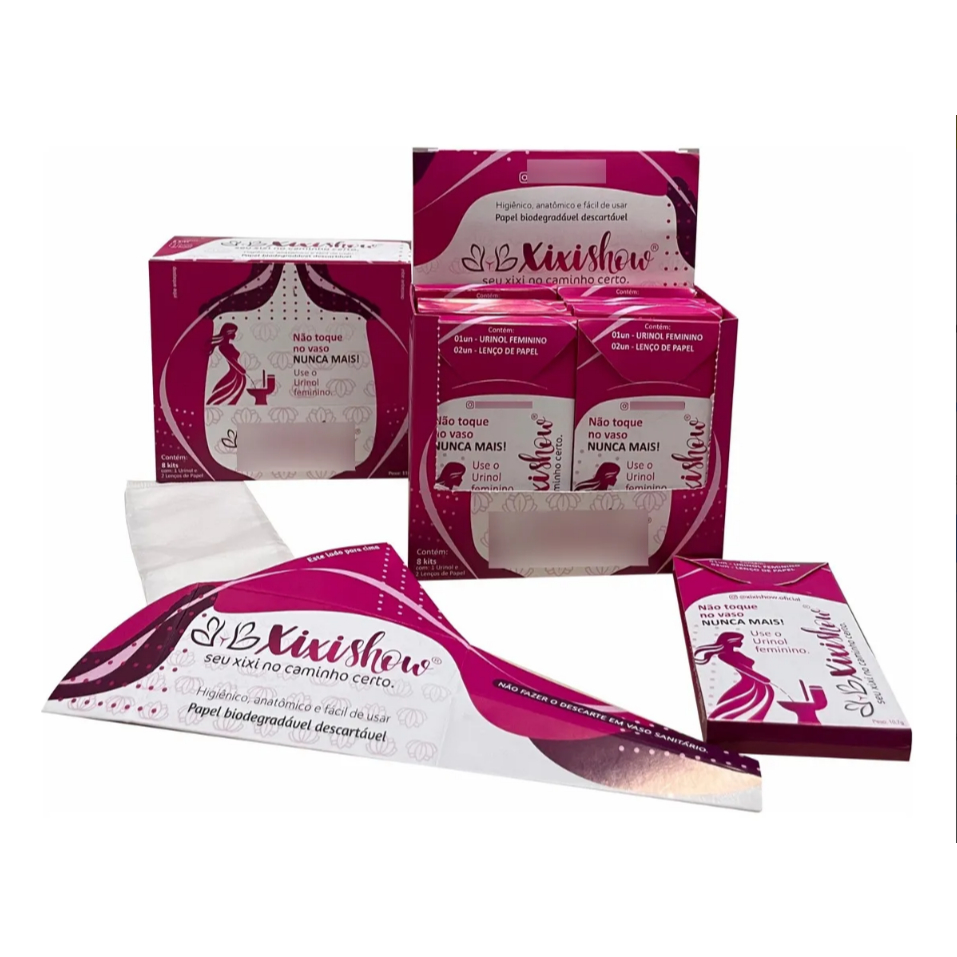 Urinol Feminino Xixishow Portátil | Kit Higiênico com Lenços – Caixa 8 Kits