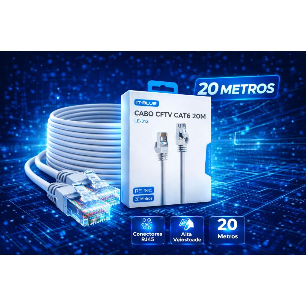 Cabo de Rede CAT6 CFTV IT-BLUE  RJ45 Alta Velocidade – Tamanhos Selecionáveis (3m, 5m, 10m, 15m, 20m, 30m)
