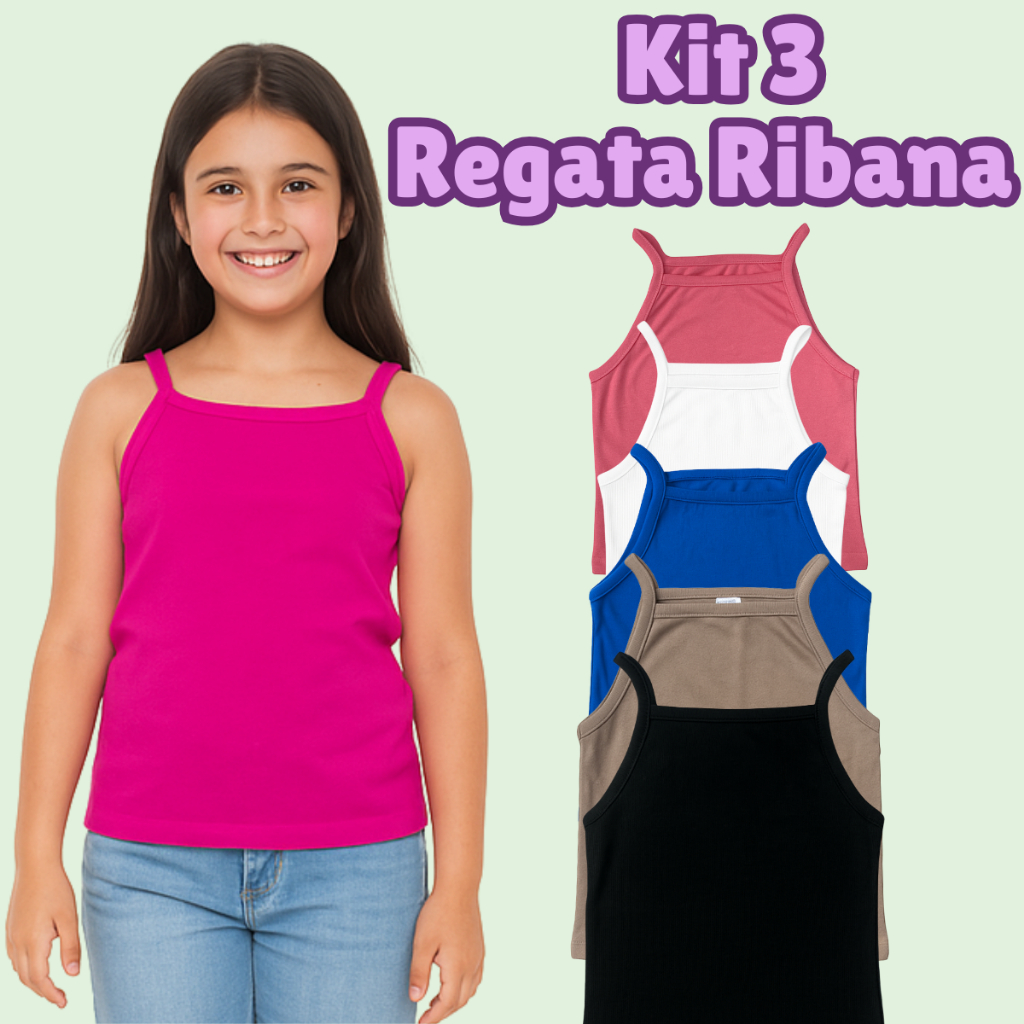 Kit 3 Blusa Regata Ribana Feminino Menina Infantil Juvenil Tamanho 10 ao 16 !