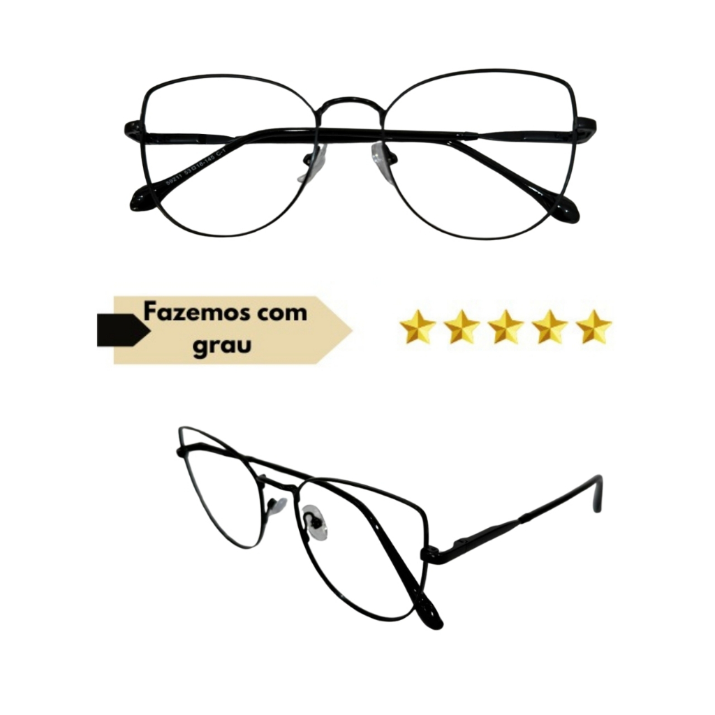 Óculos Completo Armação Metal Feminina Gatinho Preta Com Lentes Em Anti Reflexo Com Seu Grau