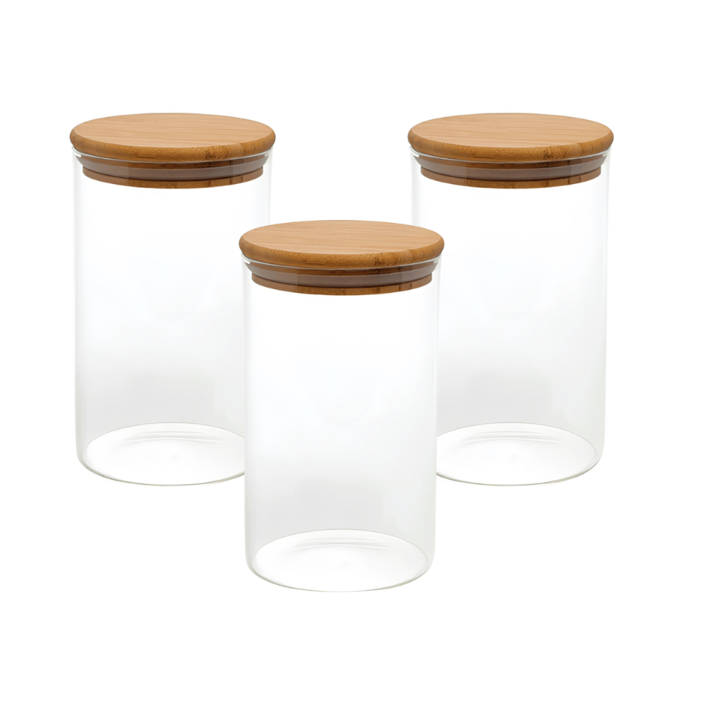 Kit 3 Potes De Vidro Com Tampa De Bambu Herméticos Para Mantimentos 950ml Temperos Organização