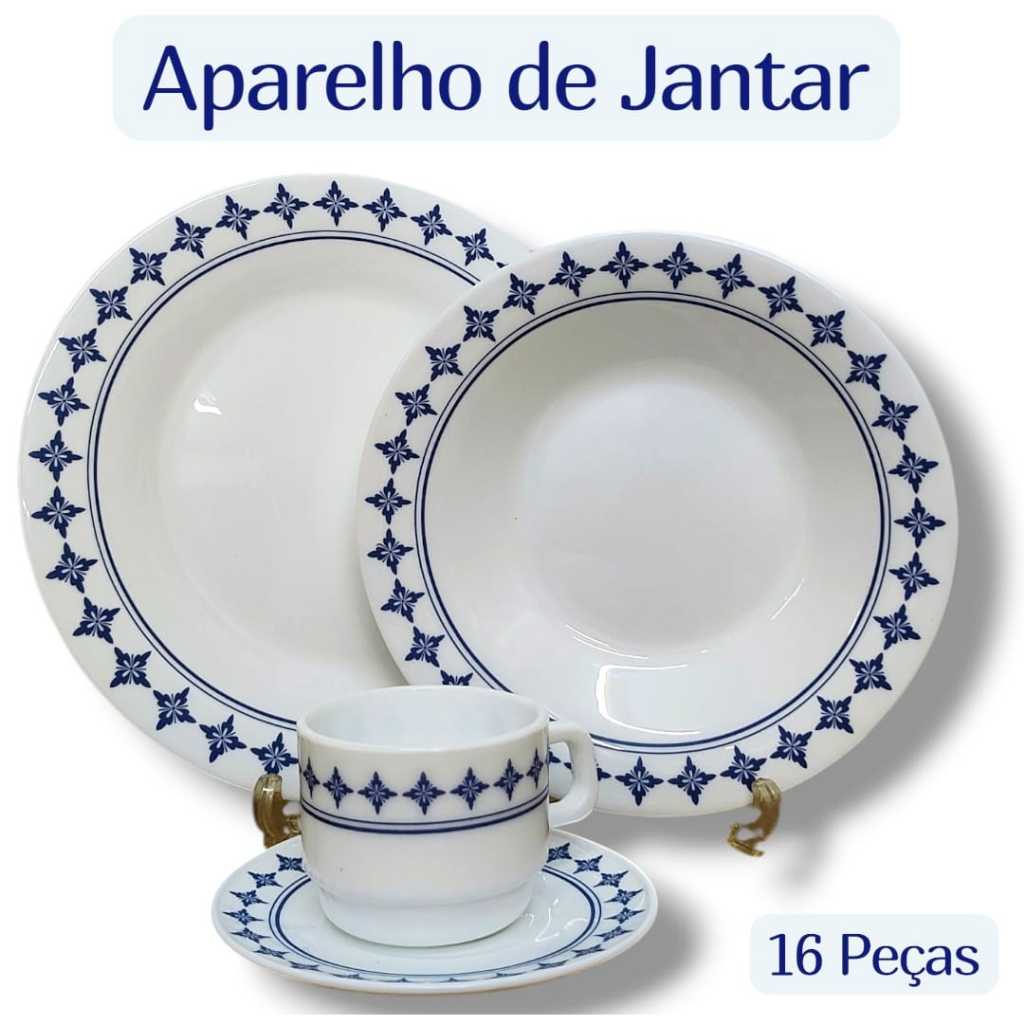 Aparelho de Jantar e Chá Branco com Azul Vidro Opaline Com 16 Peças Azulejo Portugues Luxo Embalado na caixa