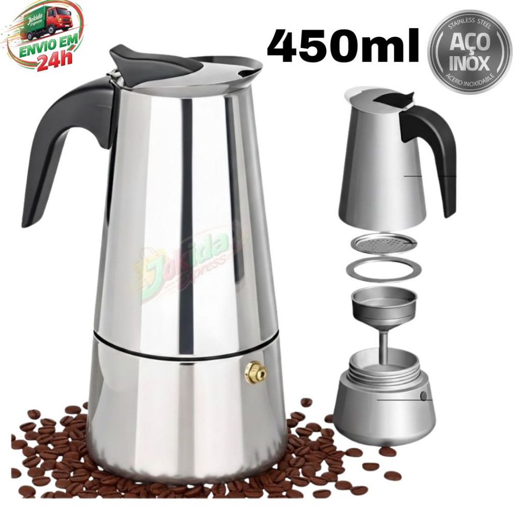 Imagem Cafeteira Expresso Italiana 450ml Aço Inox 9 Xícaras De Café Chá Prático Rápido Cafeteira Moderna  e Resistente