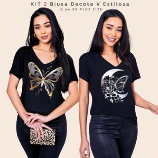 Kit 2 Blusa Feminina Estilosa Camiseta Tamanho M ao G2 Pluz Size Viscolycra Premium T-Shirt Estampa Exclusiva em Oferta na Shopee