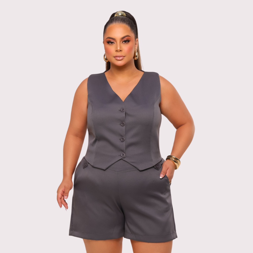 Conjunto de Alfaiataria Premium Plus Size Colete Social e Short Com Elástico Elegante e Confortavel