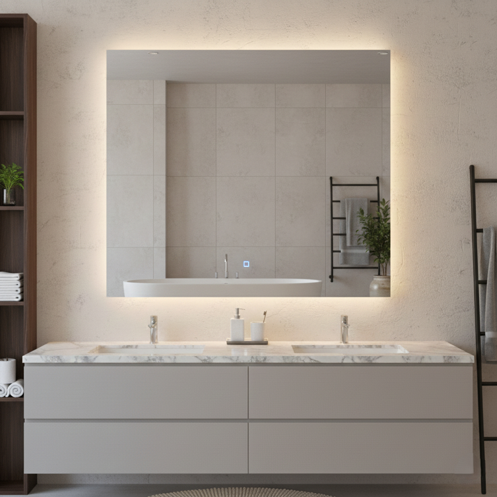 Espelho Quadrado Lapidado com 3 Cores LED Touch 30cm a 100cm Decorativo