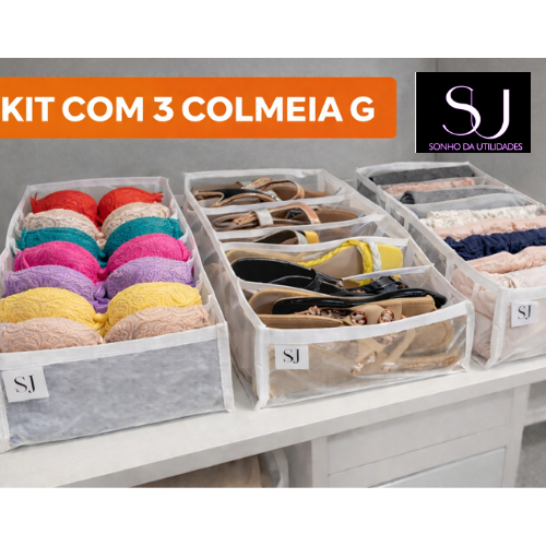 Kit com 3  Colmeia organizadora para camisetas e blusas 10x30x35cm G Branca - SU SONHO DA UTILIDADES