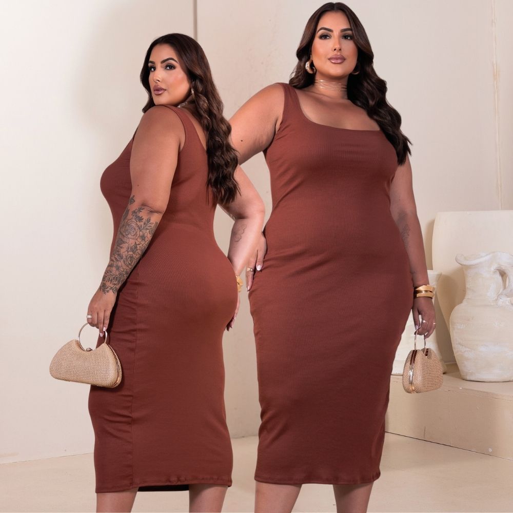 Vestido Feminino Plus Size Canelado Midi Alcinha Grossa com Elastano ideal para Verão em Oferta na Shopee
