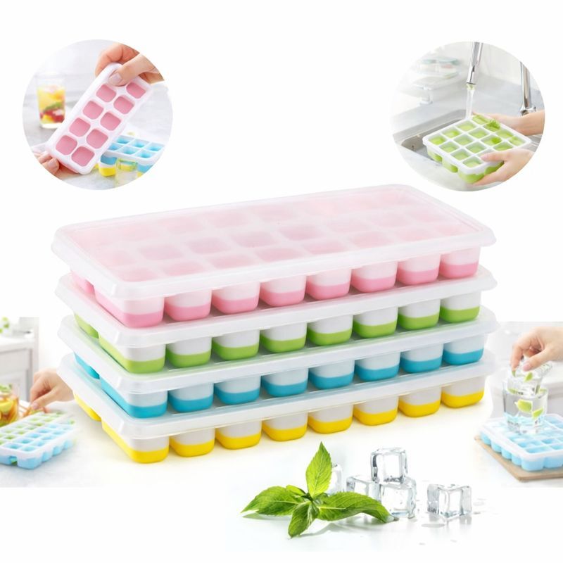 Kit 4 Forma De Gelo Fundo Silicone 14 Cubos Tampa Rígida em Oferta na Shopee