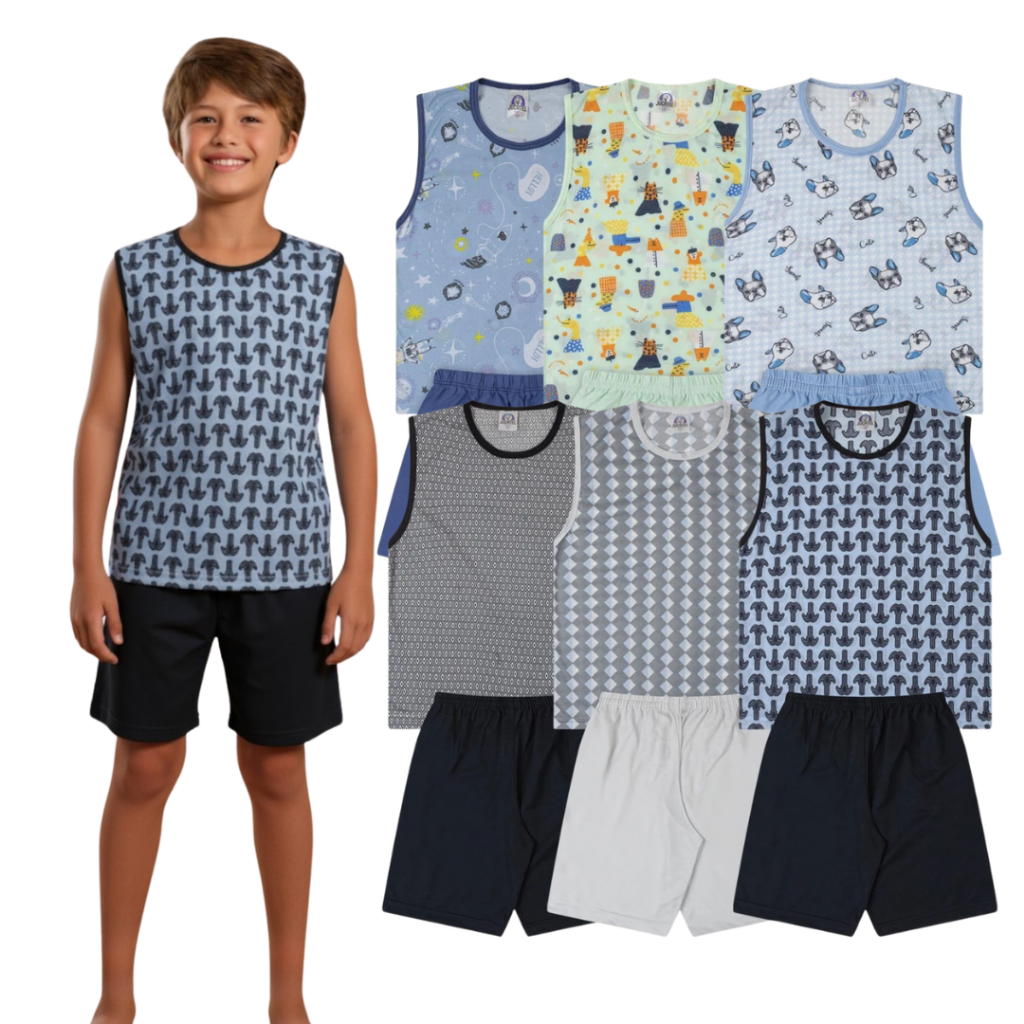 Pijama Masculino Infantil Conjuntos 100% Poliéster Leve e Confortável Verão