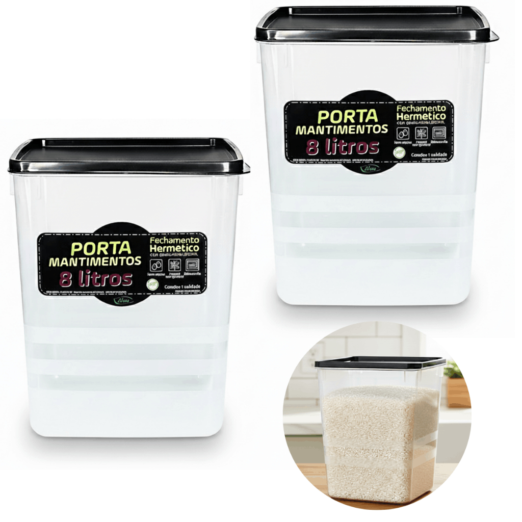2 Potes 8 Litros Hermético Transparente 100% Vedação P/ 5 Kilos Arroz Mantimentos Armário
