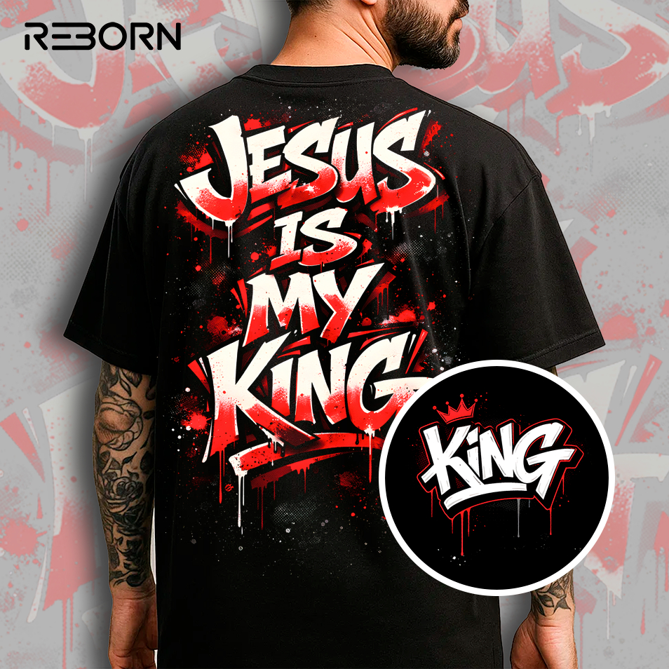 Camiseta Cristã Jesus is My King Vermelho Streetwear Oversized 100% Algodão Graffiti Wildstyle