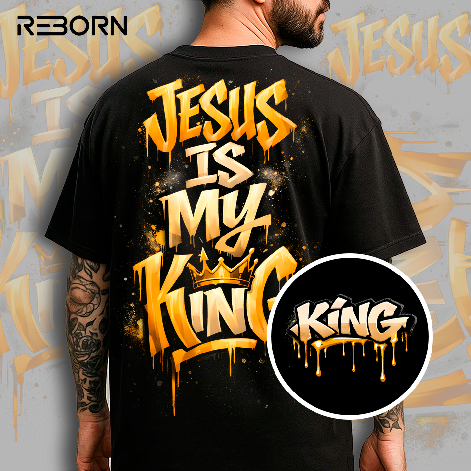 Camiseta Cristã Jesus is My King Gold Streetwear Oversized 100% Algodão Graffiti Wildstyle