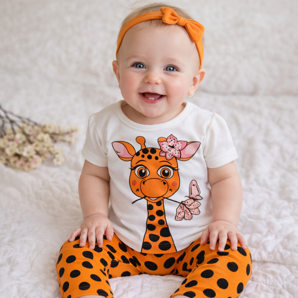 Conjunto Bebê Menina 3 a 9 Meses Camiseta e Calça Girafa  Infantil Algodão Confortável e Estiloso