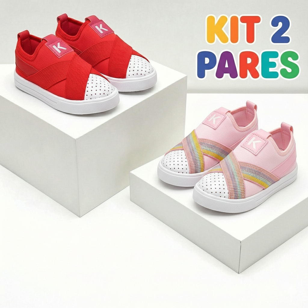 Kit 2 Tênis Menina Infantil Calce Fácil Elástico Confortável Antiderrapante