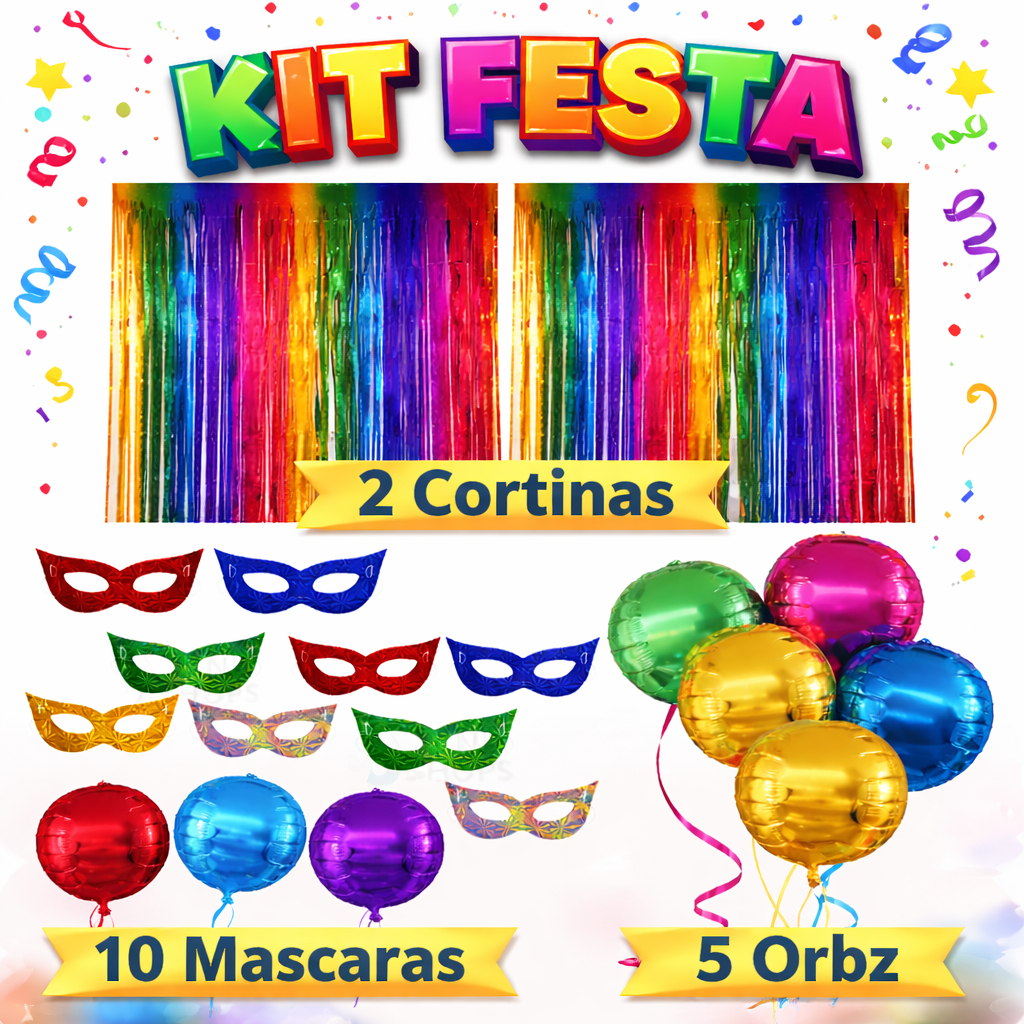 Kit Carnaval 2 Cortinas + 10 mascaras + 5 Balões Decoração em Oferta na Shopee