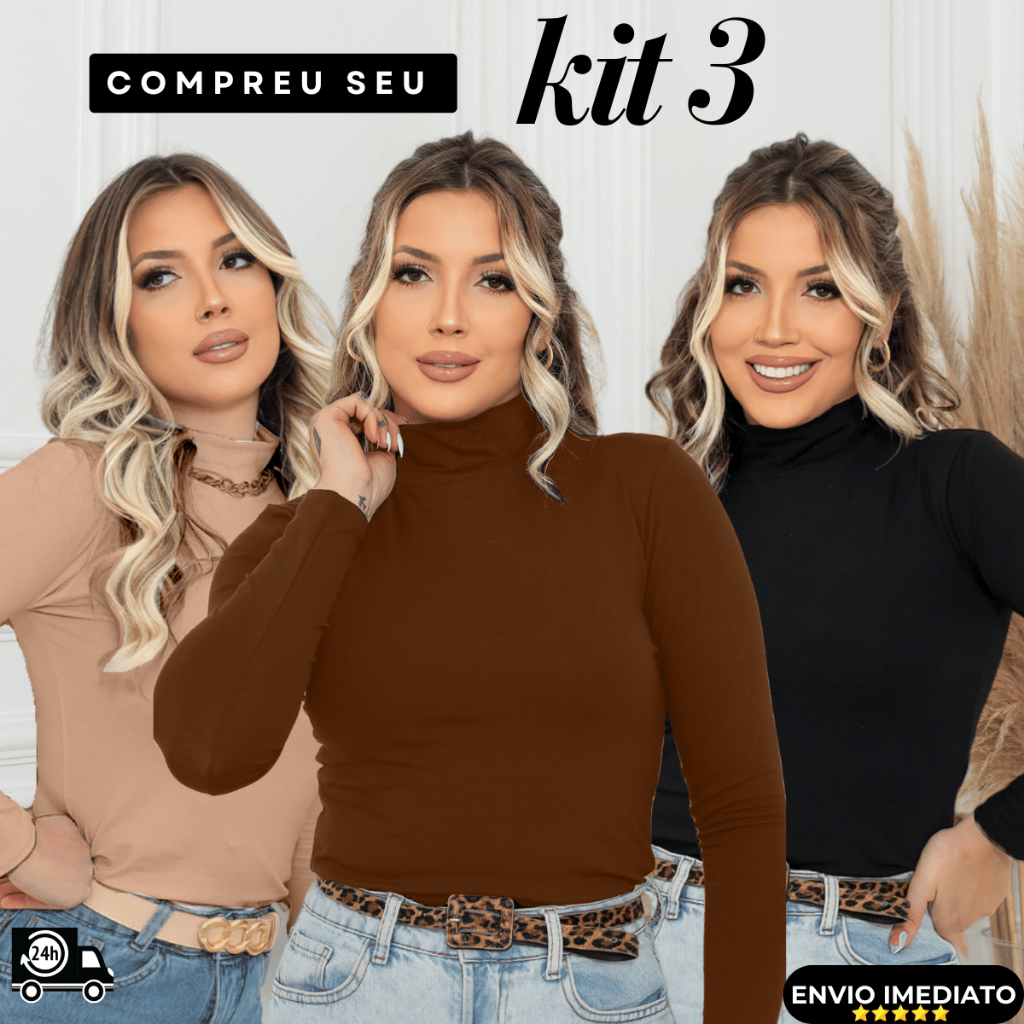 Kit 3 Blusas Femininas Cacharrel Manga Longa Gola Alta Moda Inverno Suplex