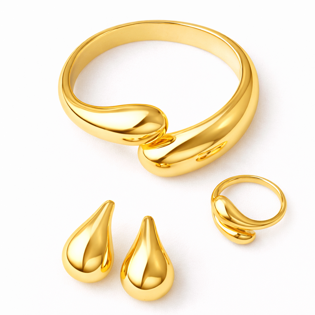 Conjunto Gota Pingo Bracelete Anel Brinco Médio Dourado ou Prata Acessórios Femininos Kit Brincos