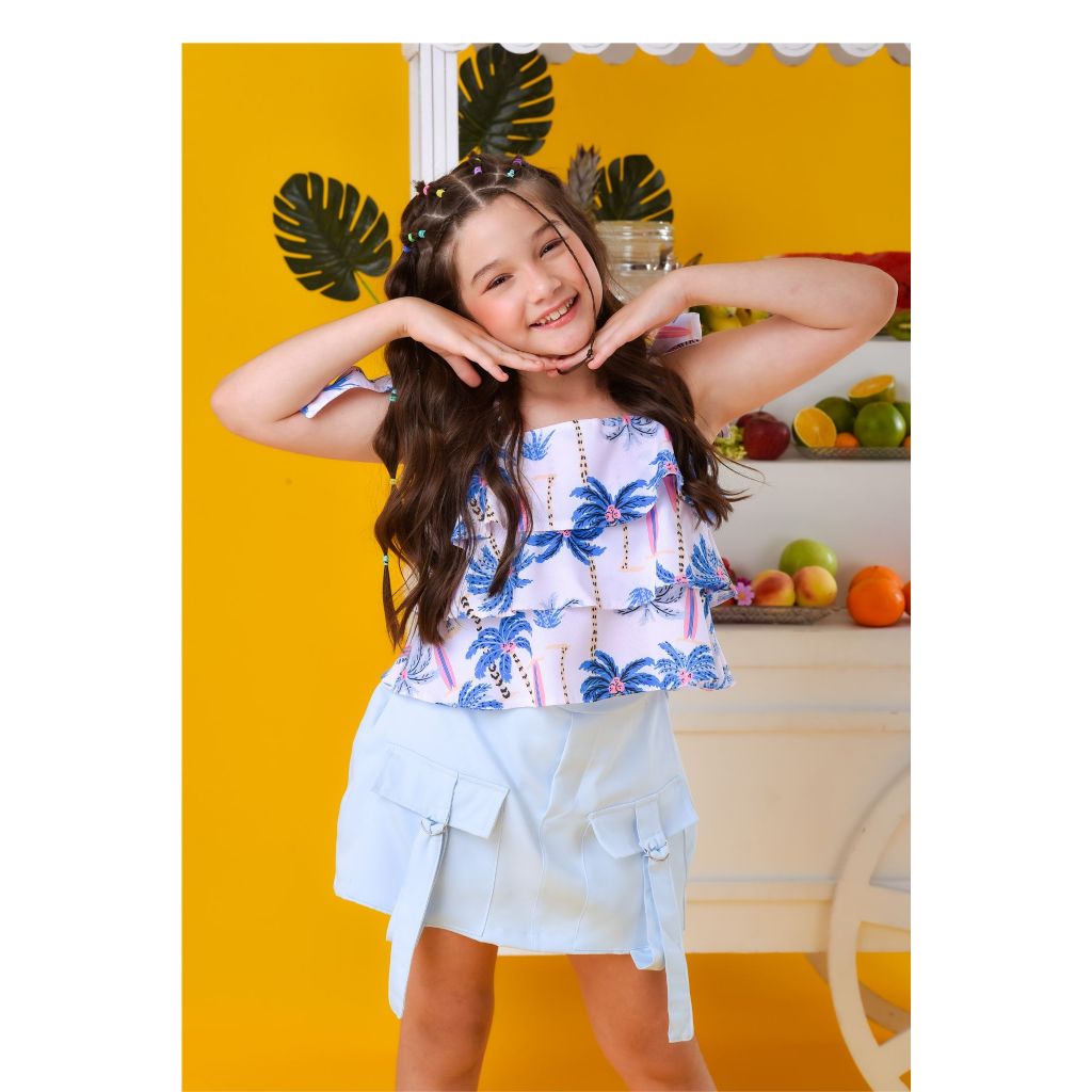 Conjunto Infantil Menina Blusa Estampada + Saia com Short Confortável