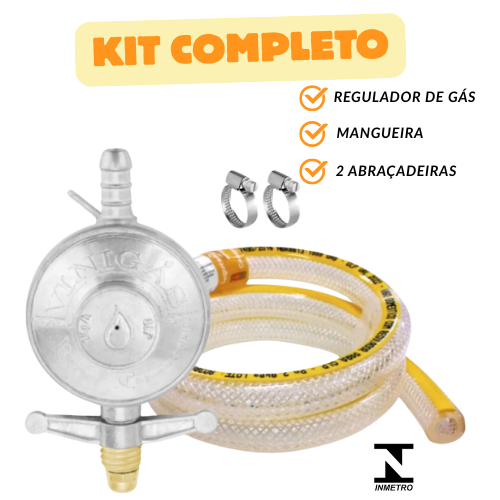 Kit Registro Regulador Gás de Cozinha para Botijão P13 Com Mangueira e 2 Abraçadeiras