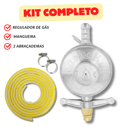 Kit Registro Regulador de Gás para Cozinha Com Mangueira e 2 Abraçadeiras Completo e Seguro