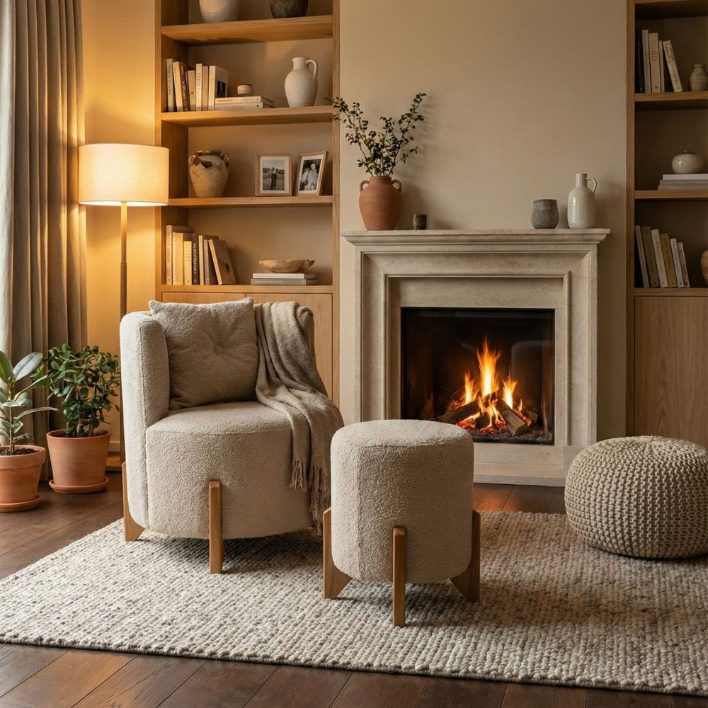 Poltrona Orgânica + Puff Luna Bouclé Luxo Confortável e Moderna com Almofada de Brinde e Pés em Madeira - Vimont Móveis