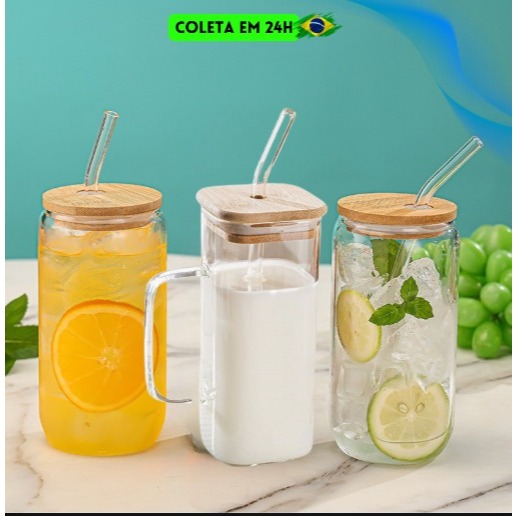 Kit 2 Canecas Vidro Tampa de Bambu Canudo Borossilicato Copo Drink Café Iced Coffee Premium 600ml 300ml em Oferta na Shopee
