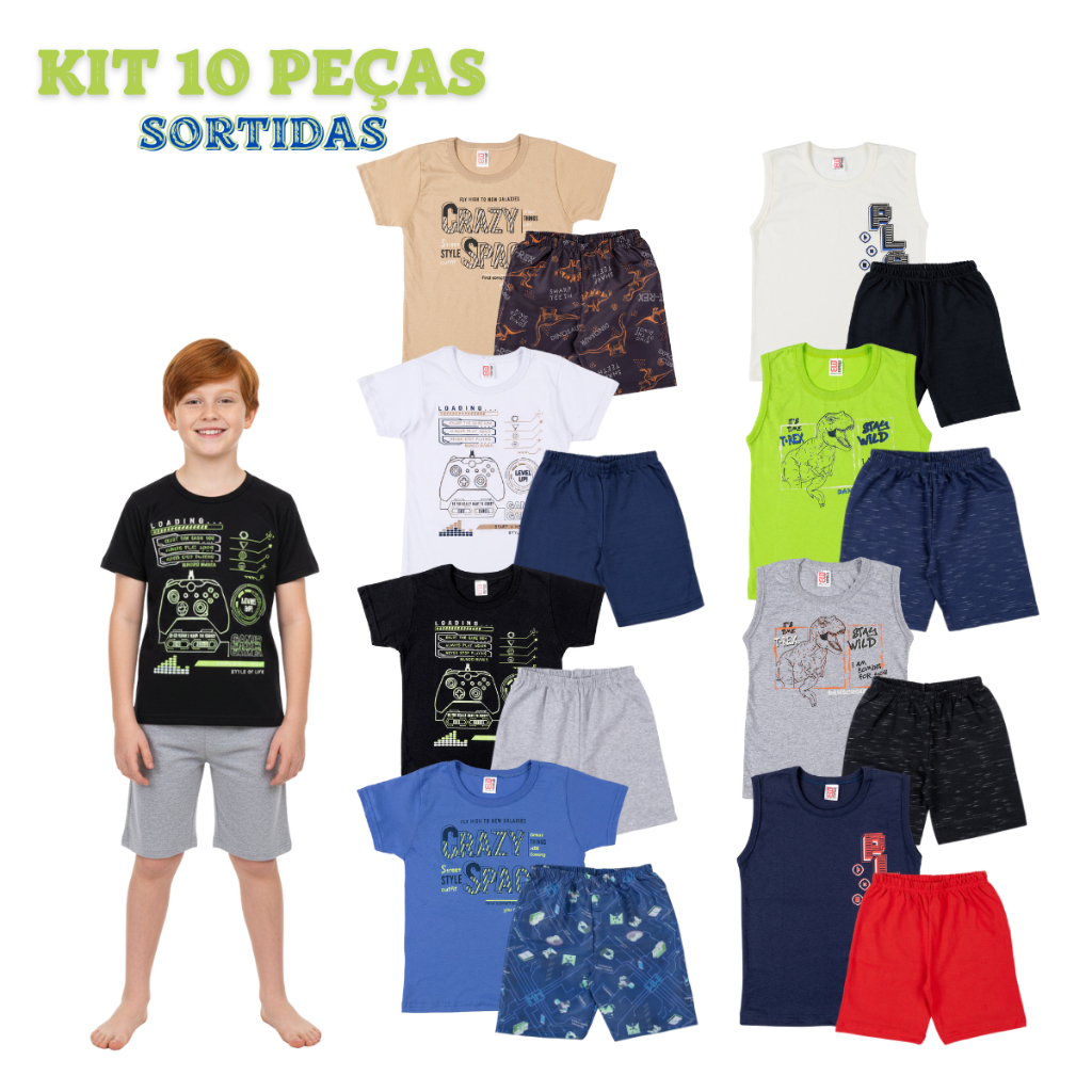 ROUPAS INFANTIL  MASCULINA CAMISETA REGATA E BERMUDA  KIT 5 CONJUNTOS MENINOS