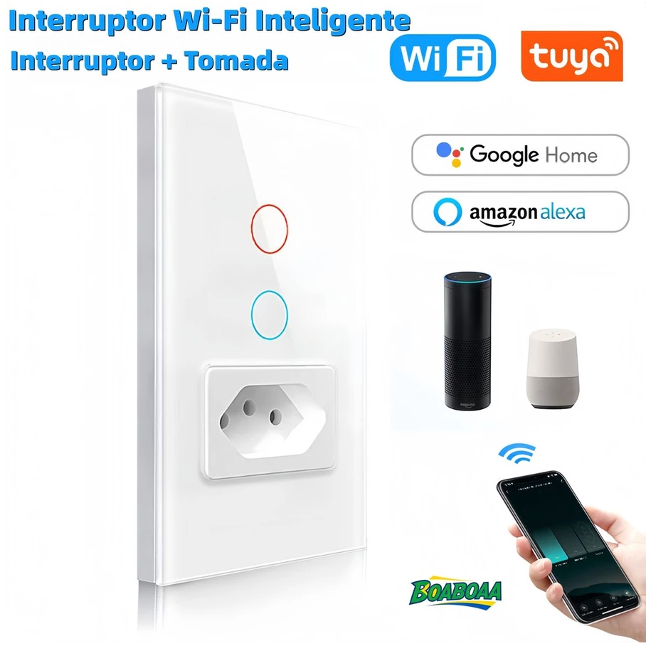 Interruptor Inteligente com Tomada 2 Botões Wireless Bivolt Wi-Fi e Comando de Voz Alexa CT