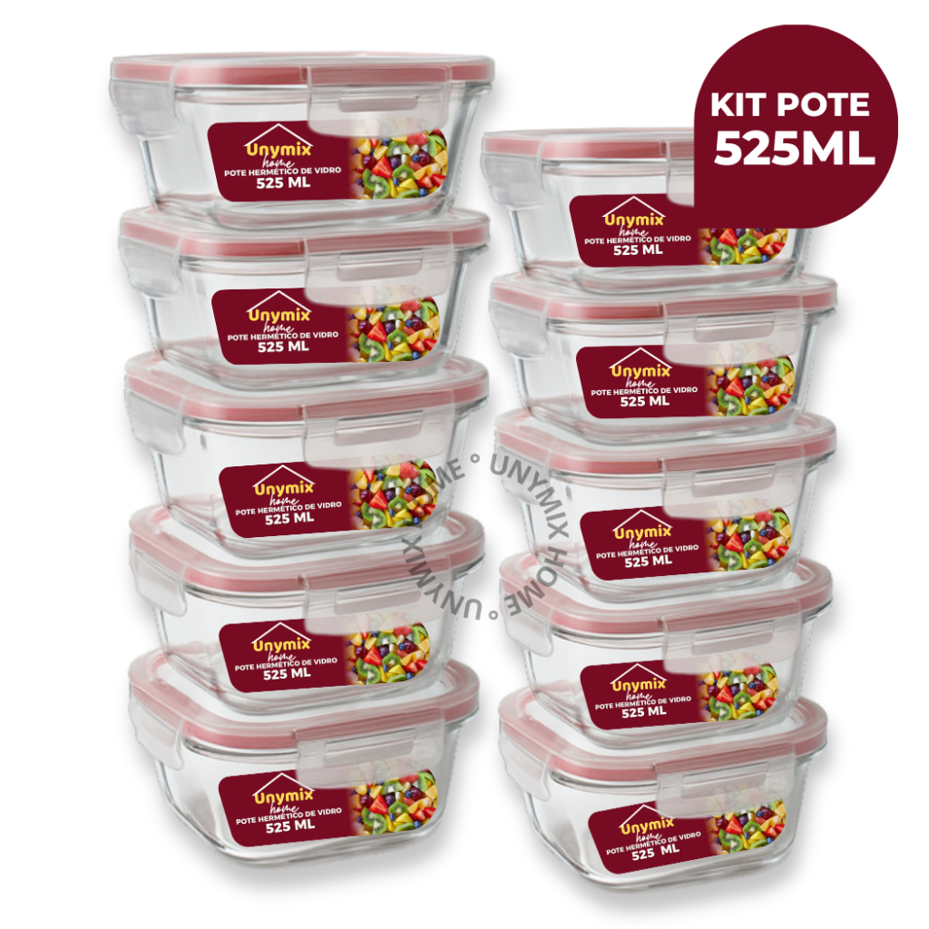 Kit 10 ou 5 Potes Vidro Herméticos 525ml Quadrado Marmita Fitness Premium