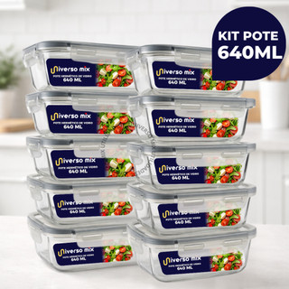 Kit 10 ou 5 Potes Vidro Hermético 640ml Retangular 4 Travas Marmita Premium