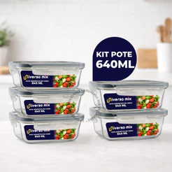 Kit 5 ou 10 Potes Vidro Hermético 640ml Retangular 4 Travas Marmita Premium
