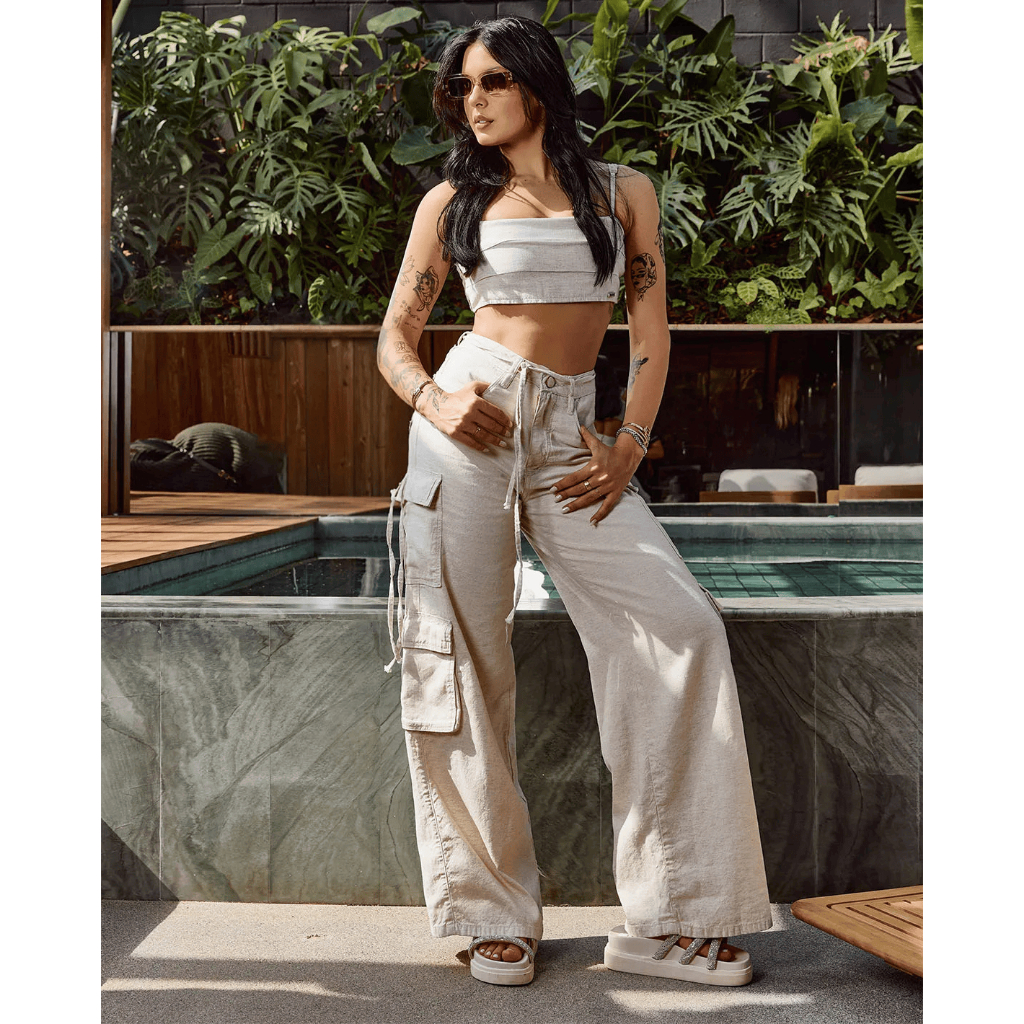 Calça Consciência Jeans Linho Wide Leg Feminina Cargo 24653 Linho Ana Castela