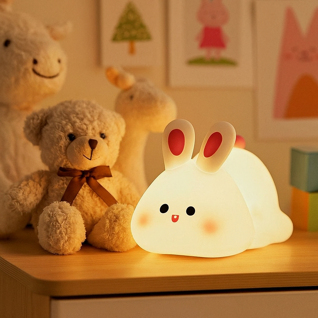 Luminária Coelhinho LED Infantil Branco Abajur Luz Noturna Quarto Bebê Decoração