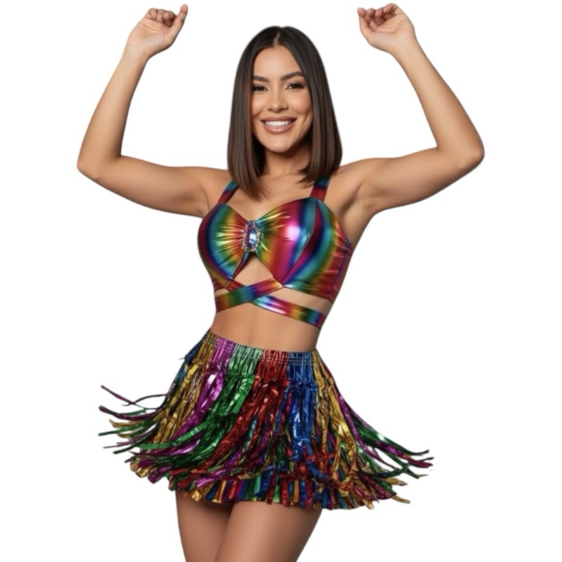 Conjunto Carnaval Larissa Cropped Metalizado e Saia Fitilho em Oferta na Shopee