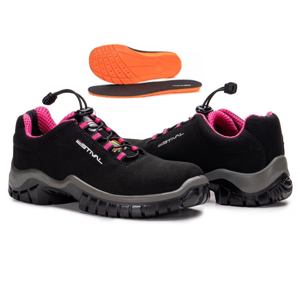 Sapato de Segurança Estival Microfibra Preto e Rosa EN10021S2 - CA 50880 +palmilha pu