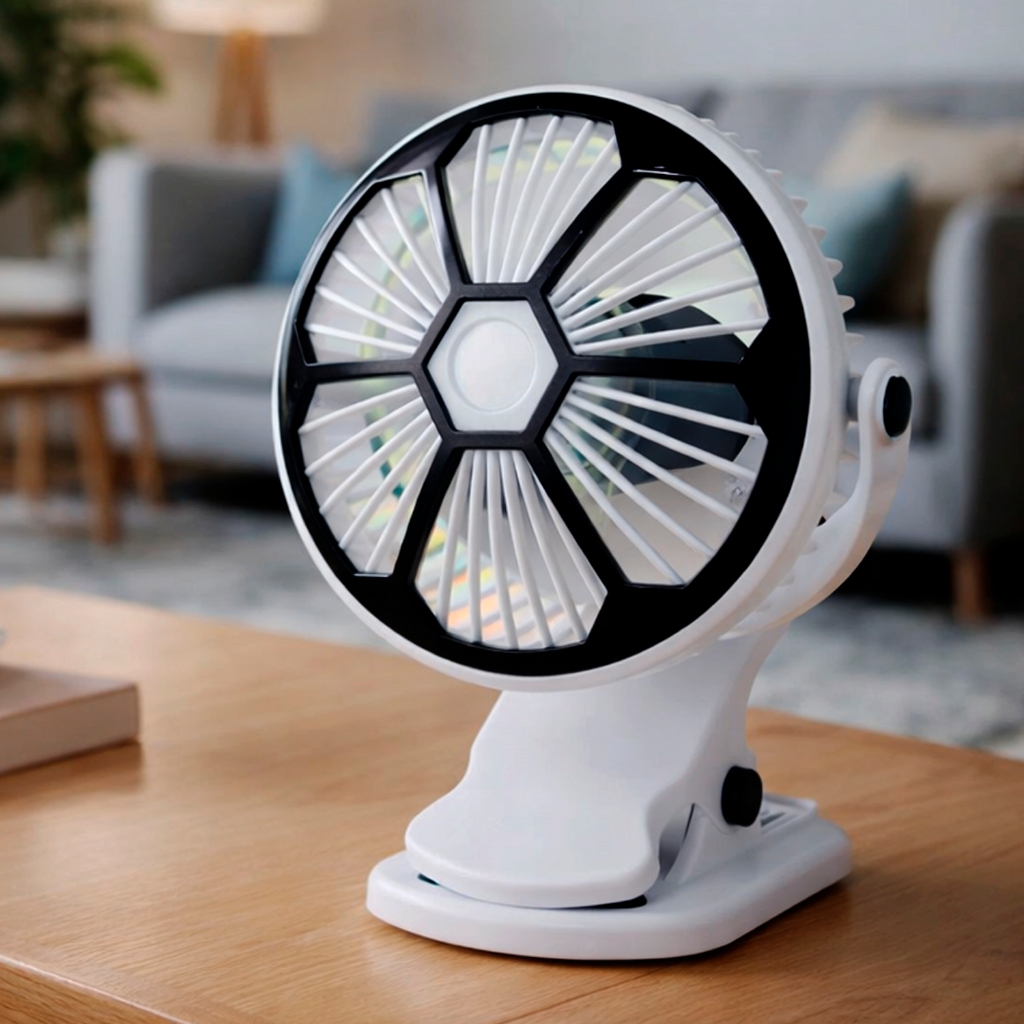 Mini Ventilador Mesa Clip 3 Velocidades Luminária LED Recarregável Portátil Escritório Viagens