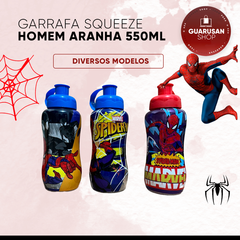 Garrafa Squeeze Bottle Cantil Frasco Esportivo para Água Chá Sucos - Homem Aranha 550ml