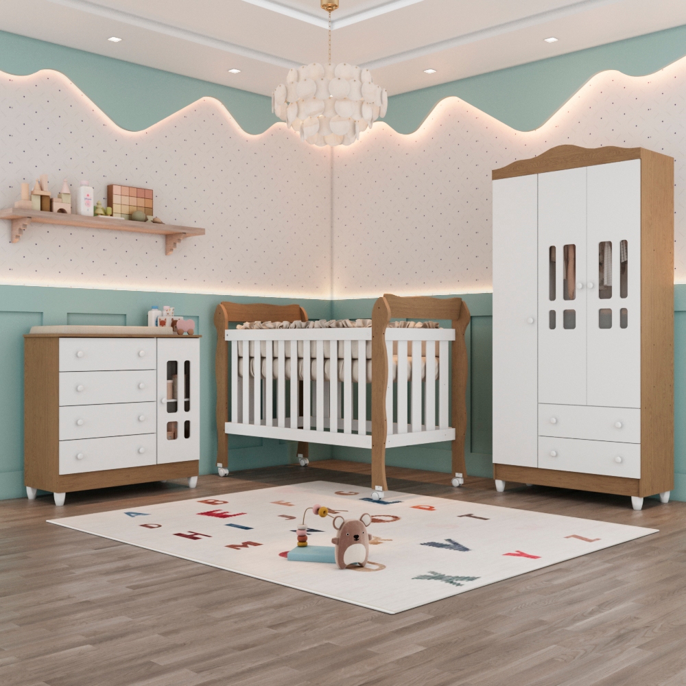 Quarto Bebê Completo Berço Americano Marquesa 3Em1 Guarda Roupa 3 Portas Cômoda 1 Porta 100% MDF