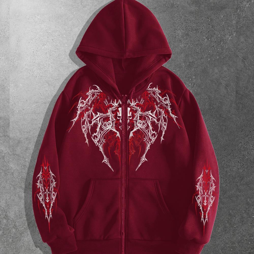 Moletom Zíper Blusa Ajustável Desing Gótico Streetwear Tribal Flanelado Algodão Despojado