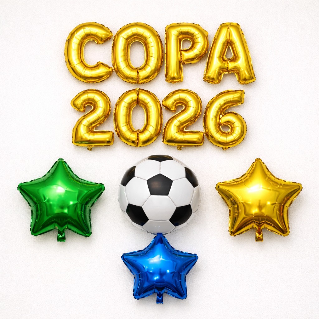 Balão metalizado kit letras COPA 2026 estrelas bola de futebol copa do mundo
